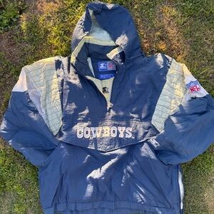STARTER Navy and Cream Cowboys Pullover Hooded Jacket Size Large